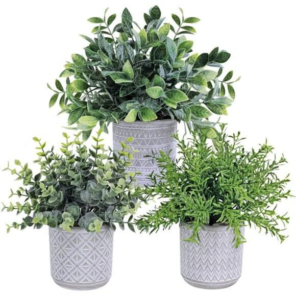 Set of 3 Small Fake Potted Plants Eucalyptus Rosemary Greenery in Ceramic Pots - Picture 1 of 7